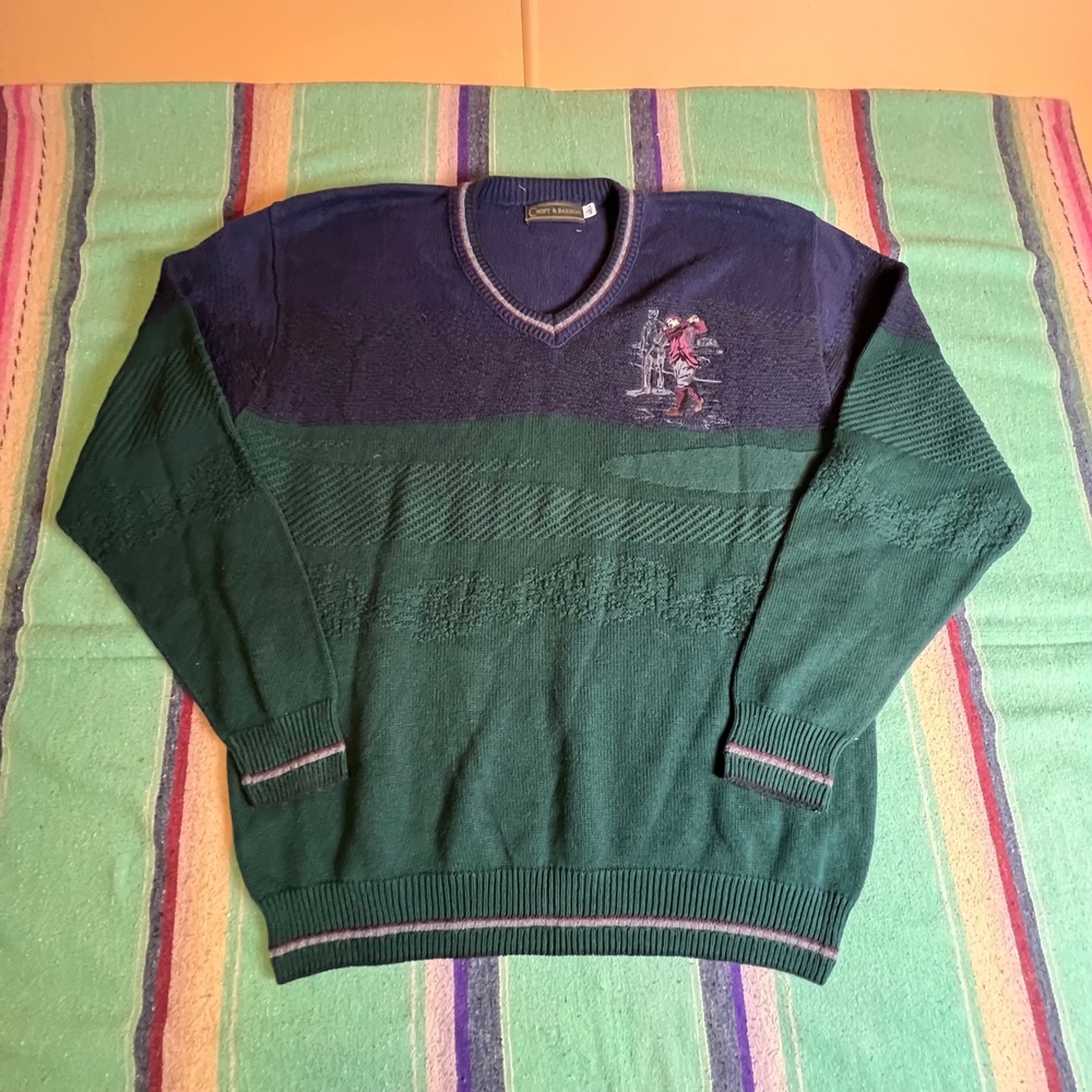 Croft & Barrow V-Neck Sweater Mens L Green Blue Golf Embroidered Vintage 90s USA